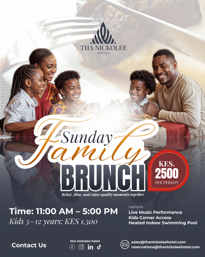 Sunday Family Brunch at Tha Nickolee Hotel featuring a happy family dining together, live music, kids’ corner, and heated indoor swimming pool access in Nanyuki.